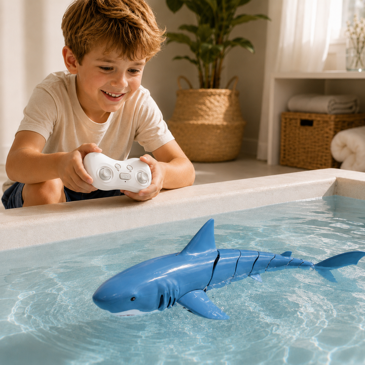 Child using a white remote to steer a blue RC shark in an indoor pool