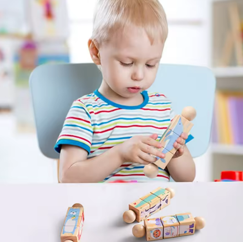 Child turning the blocks on a wooden animal puzzle at a table
