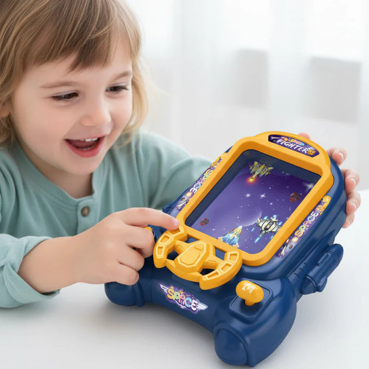 Child playing the blue space arcade game with a yellow steering wheel