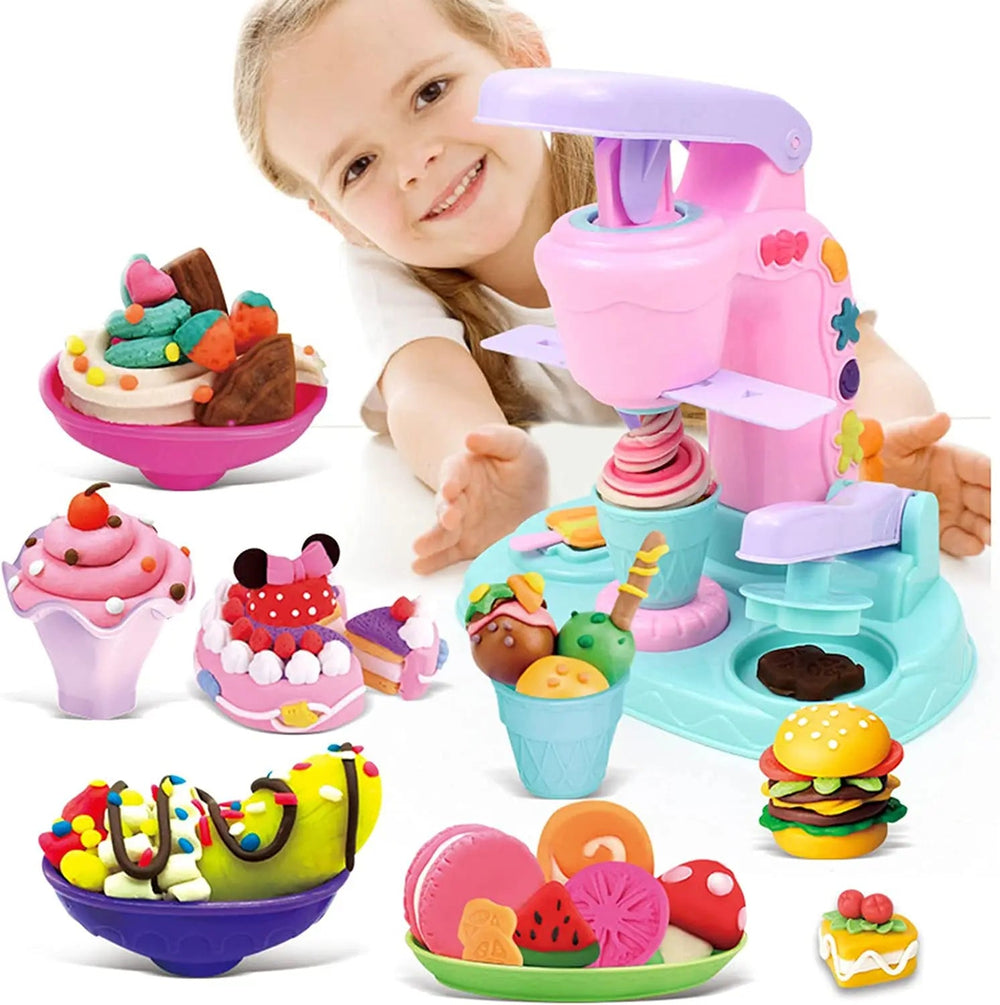 Child using the dough ice cream press beside colorful pretend cakes, sundaes, and other creations