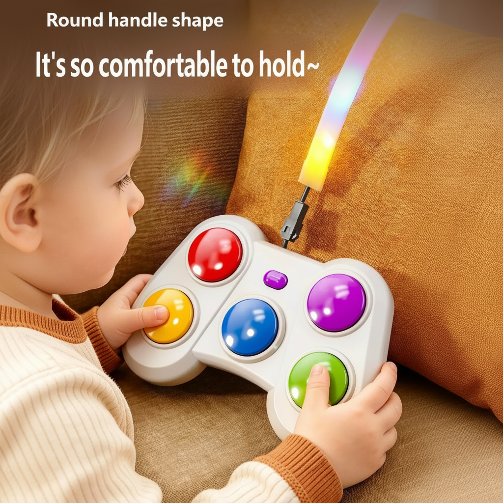 Child playing the handheld color-button game beside a sofa