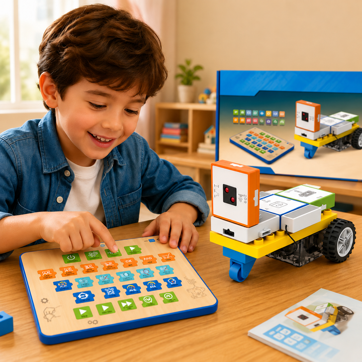 Child using a hands-on programming board beside a wheeled building-block robot
