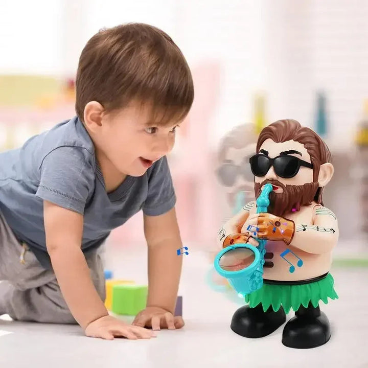 Child watching the dancing saxophonist toy on a tabletop