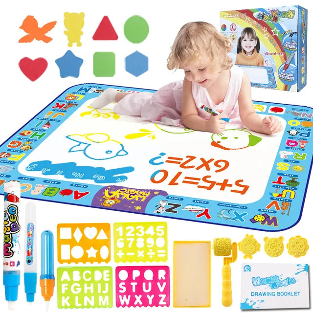 Child using an alphabet-bordered drawing mat with water pens, letter and number stencils, and shape pieces