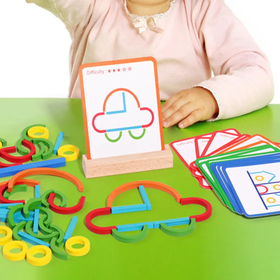 Child at a table with colorful puzzle pieces, pattern cards, and a wooden card holder