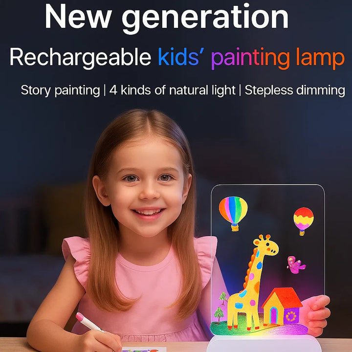 Child holding a drawing pen beside an illuminated board with giraffe and house artwork