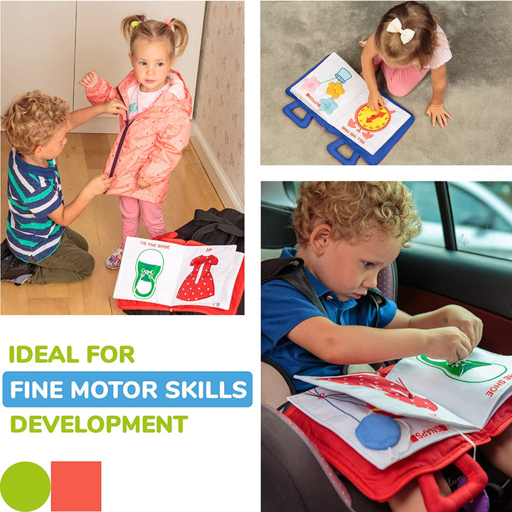 Children exploring activity book pages at home and during a car ride
