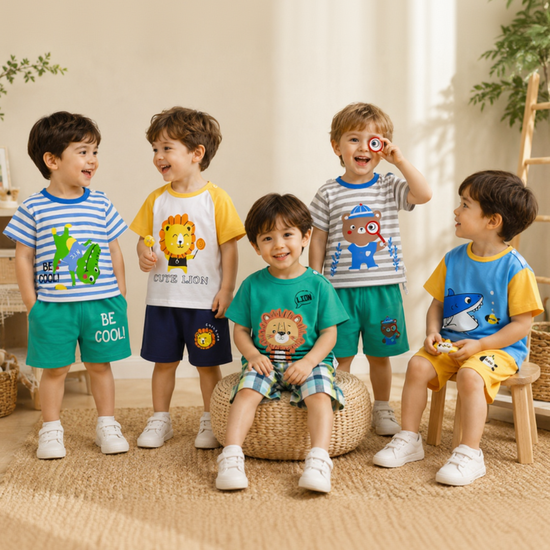 Five children wearing coordinated lion, bear, shark, and crocodile summer outfits.