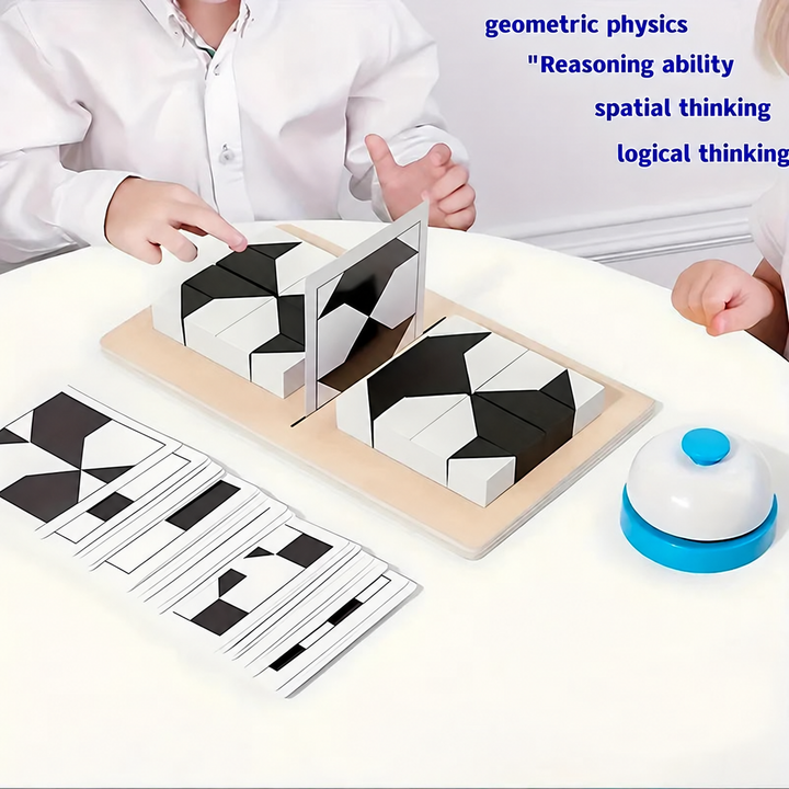 Children arranging puzzle blocks on a divided wooden board beside pattern cards and a bell