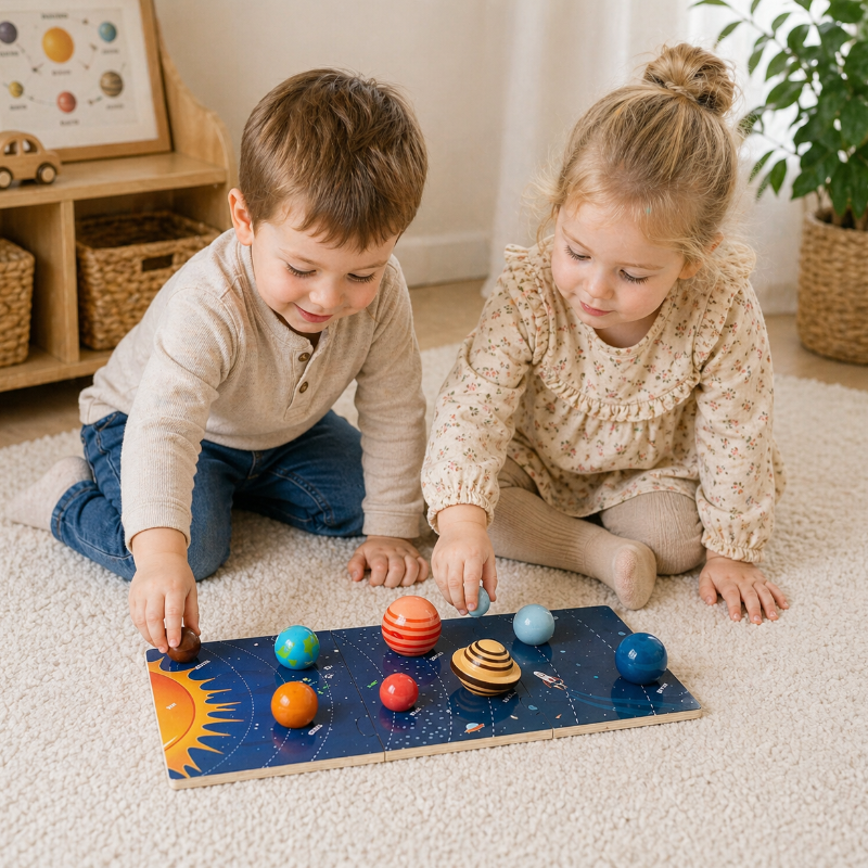 Two children placing planet pieces on a wooden solar system board