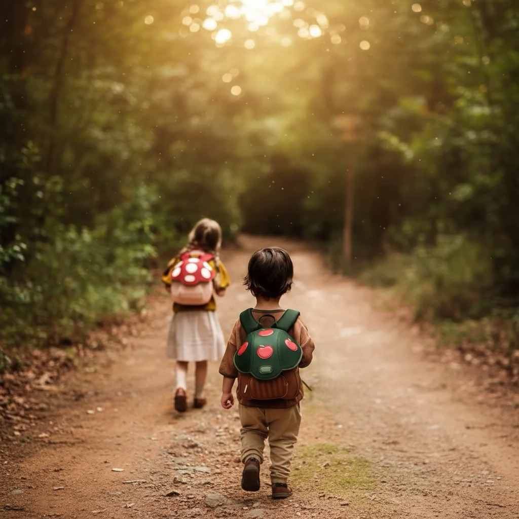 Two children wearing Mushroom and Apple Tree backpacks as they walk along a wooded path.