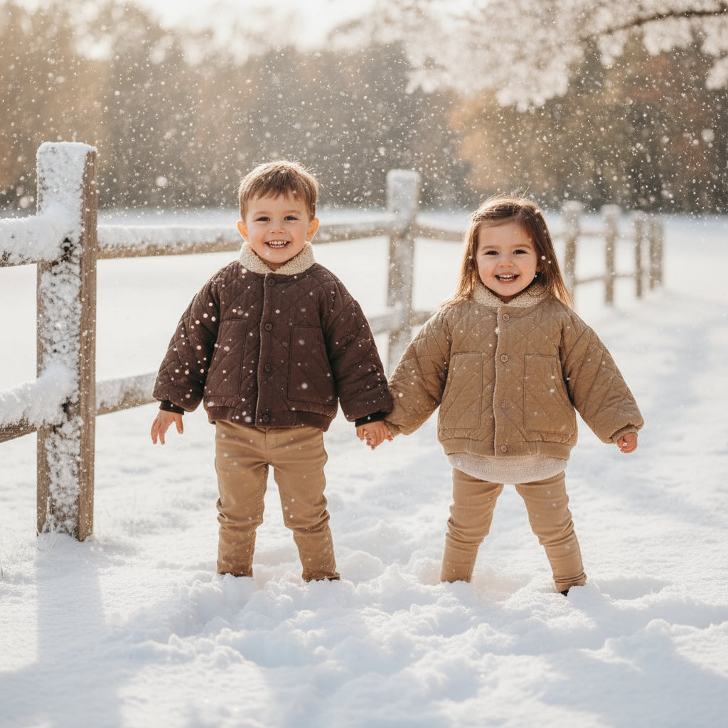 Two children wearing brown and beige quilted coats while standing in the snow
