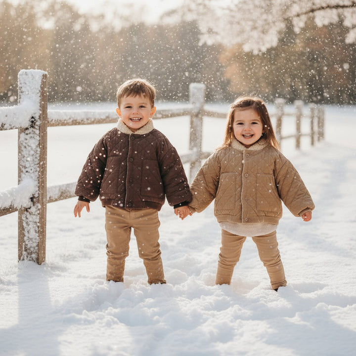 Two children wearing brown and beige quilted coats while standing in the snow