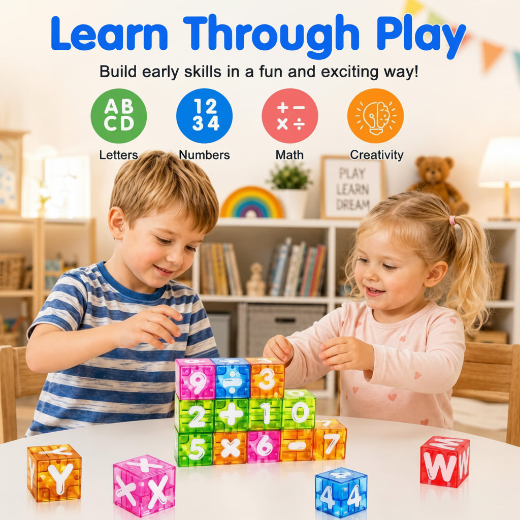 Two children building a tower of magnetic number and math symbol cubes
