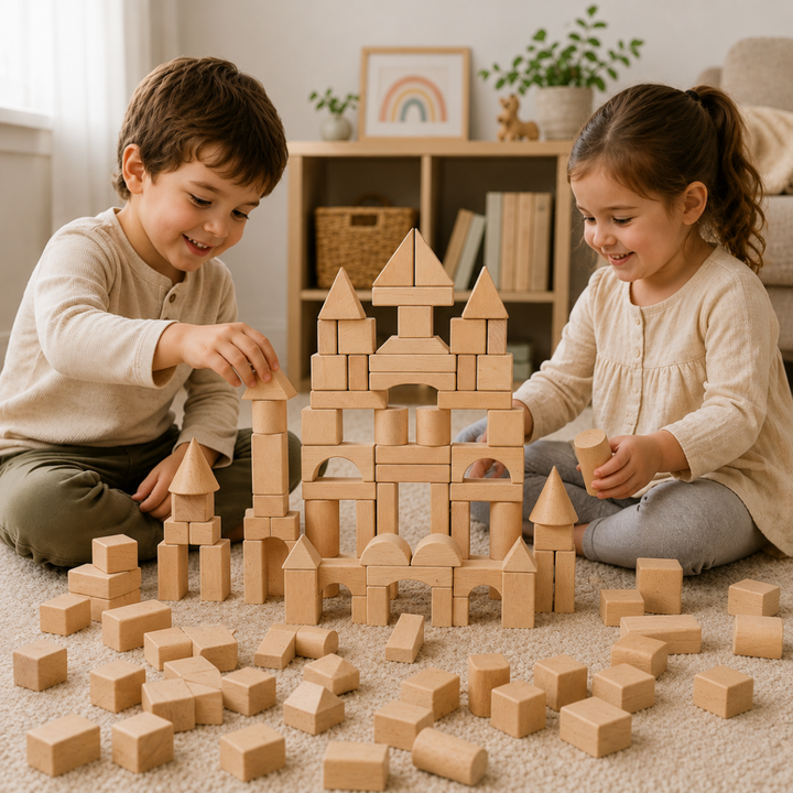 Two children building a natural wooden block castle on a rug
