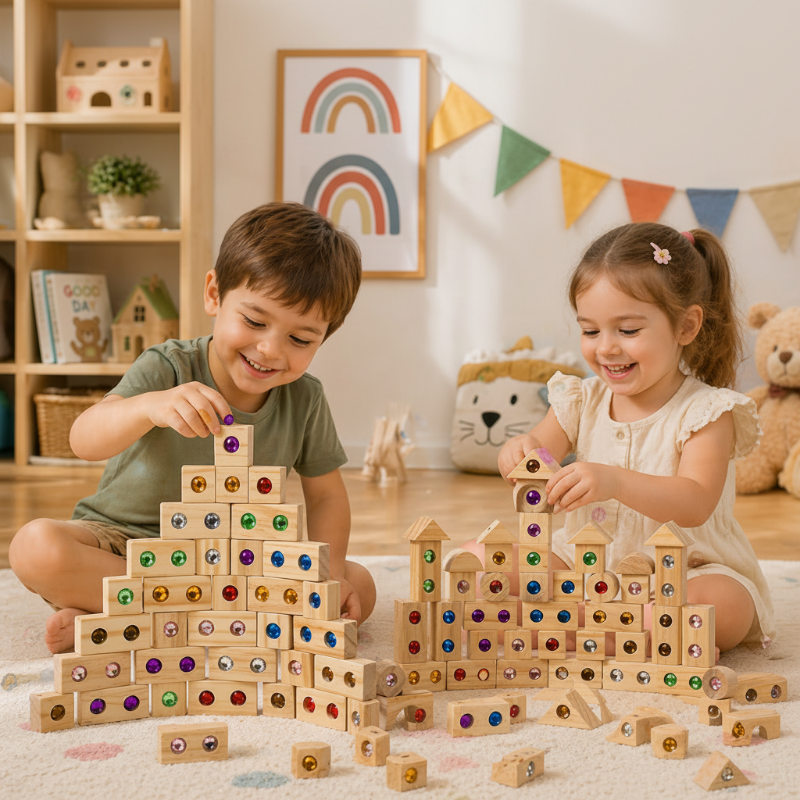 Two children building towers with wooden blocks and colorful acrylic gems