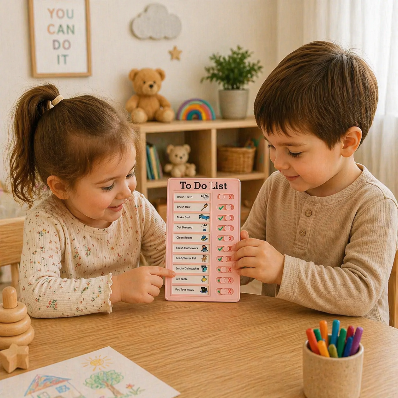 Two children checking tasks on a pink chore chart at a table.