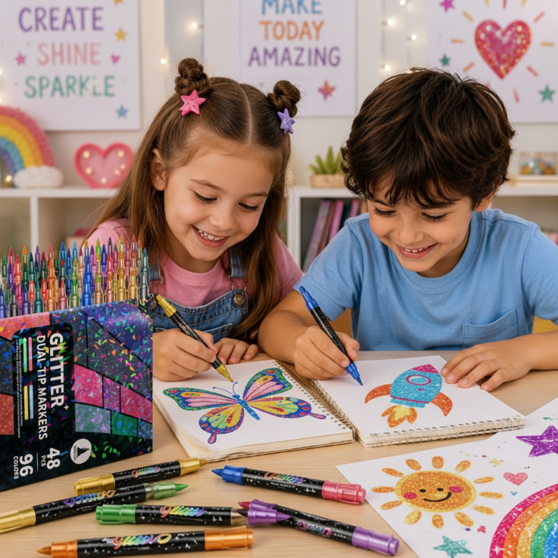Two children coloring a butterfly and fish with multicolored glitter markers