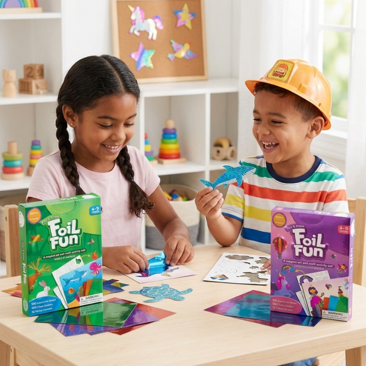 Two children making foil sticker pictures with the Animals and Unicorns &amp; Princesses craft kits