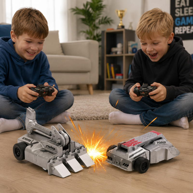 Two children holding controllers during an armored RC car match on a wood floor