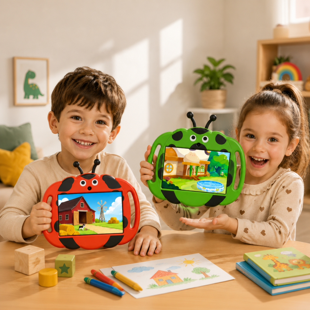 Two children holding red and green ladybug kids' tablets at a table