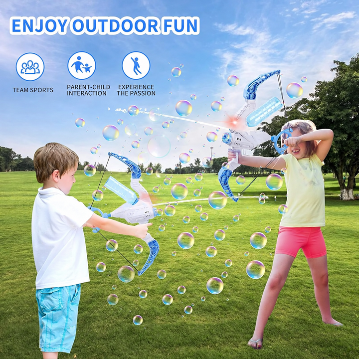 Two children playing on the grass with blue-and-white bubble bows