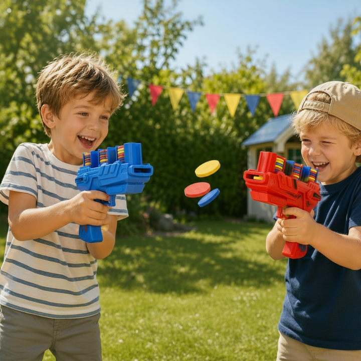 Two children playing outdoors with blue and red foam disc blasters