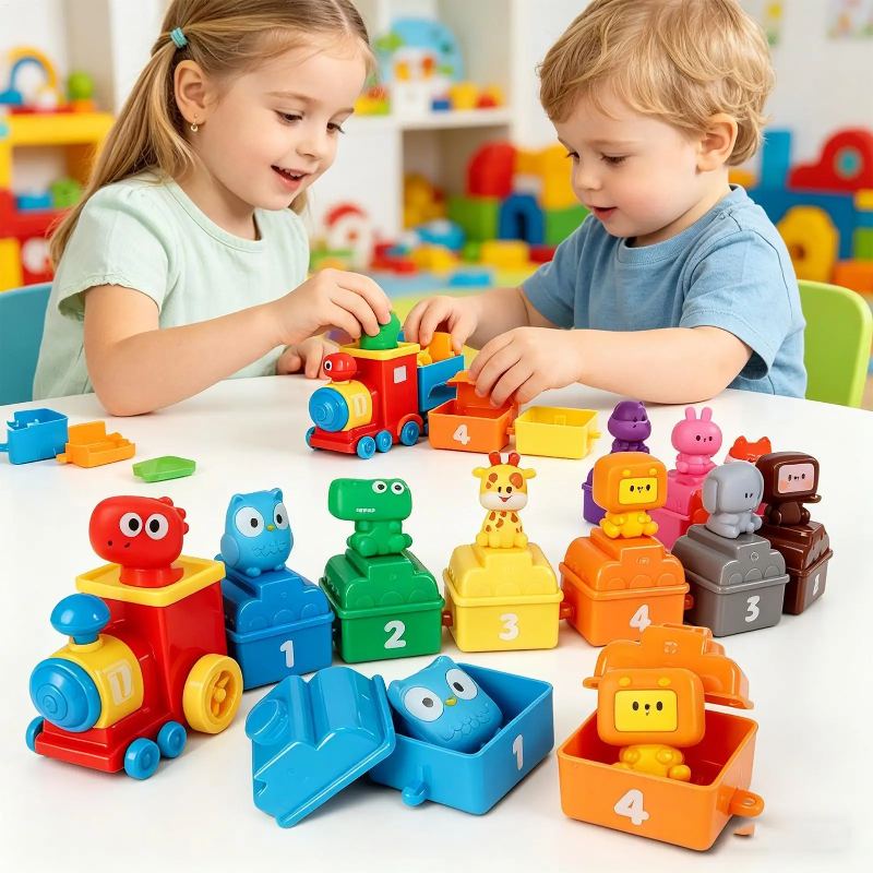 Two children playing with an animal train and opening its numbered wagons