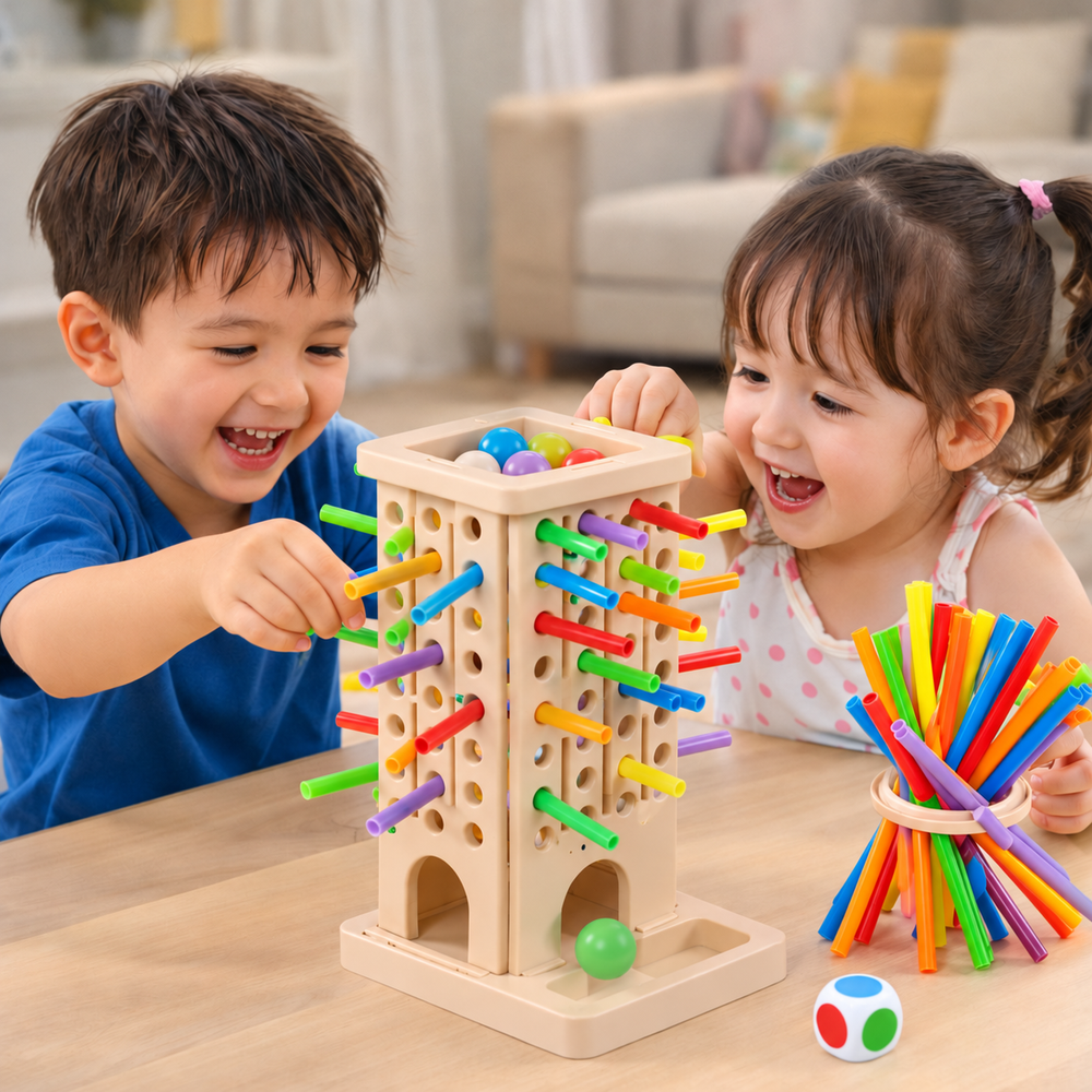 Two children playing with a colorful stick-pulling tower game