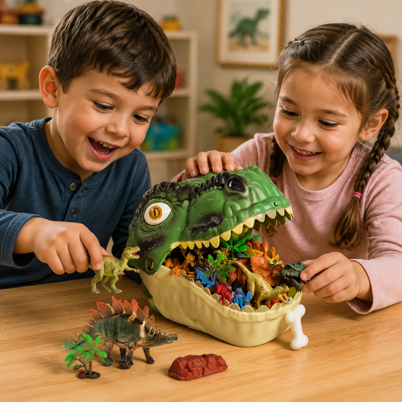Two children playing with a T-Rex head playset and dinosaur figures at a table.