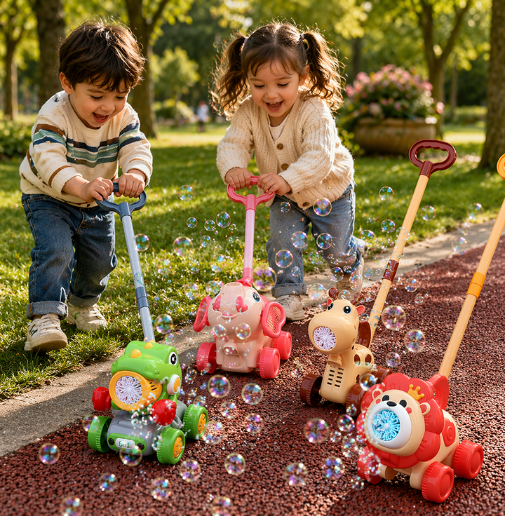 Two children playing with green and pink bubble push carts on a garden path.