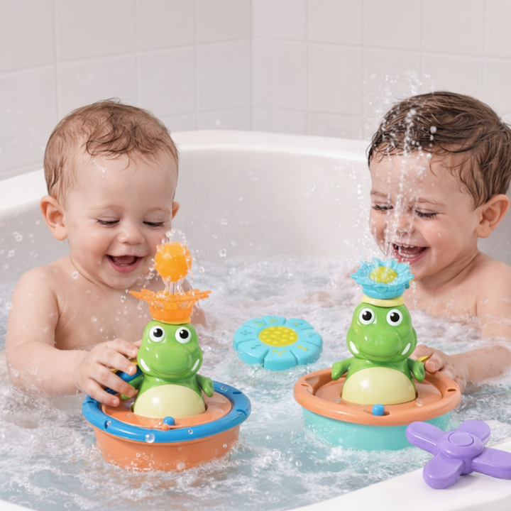 Two children playing with floating crocodile fountain toys in a bathtub