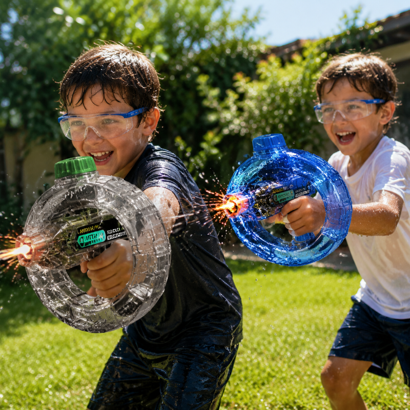 Two children playing outdoors with transparent gray and blue water guns