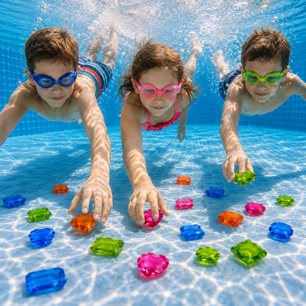 Three children wearing goggles reach for colorful diving gems on the pool floor.