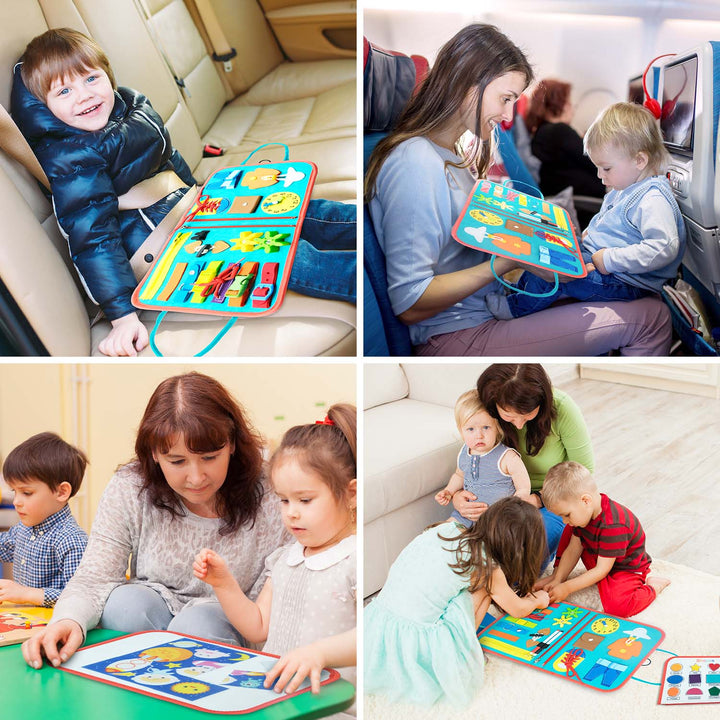 Children exploring busy book activities on their own and with adults