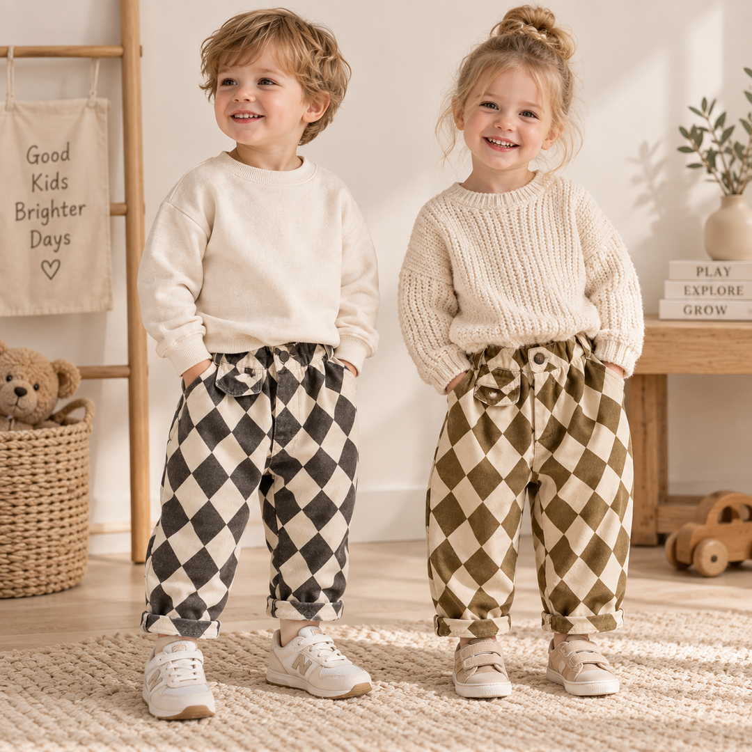 Two children wearing gray and brown argyle pants with cream tops and white sneakers