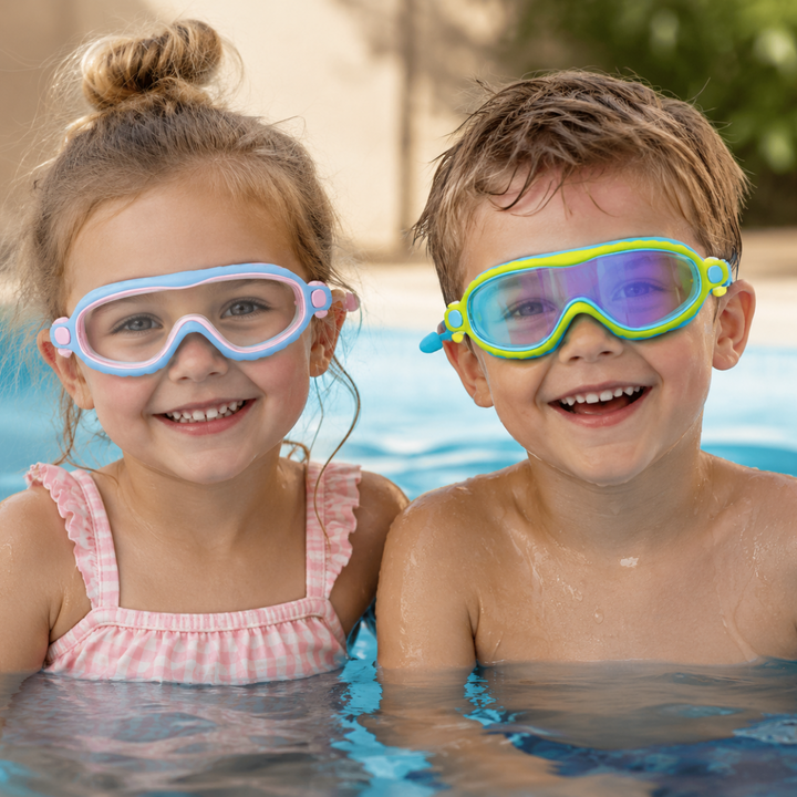 Two children wearing pink-and-blue and yellow-and-blue swimming goggles in a pool