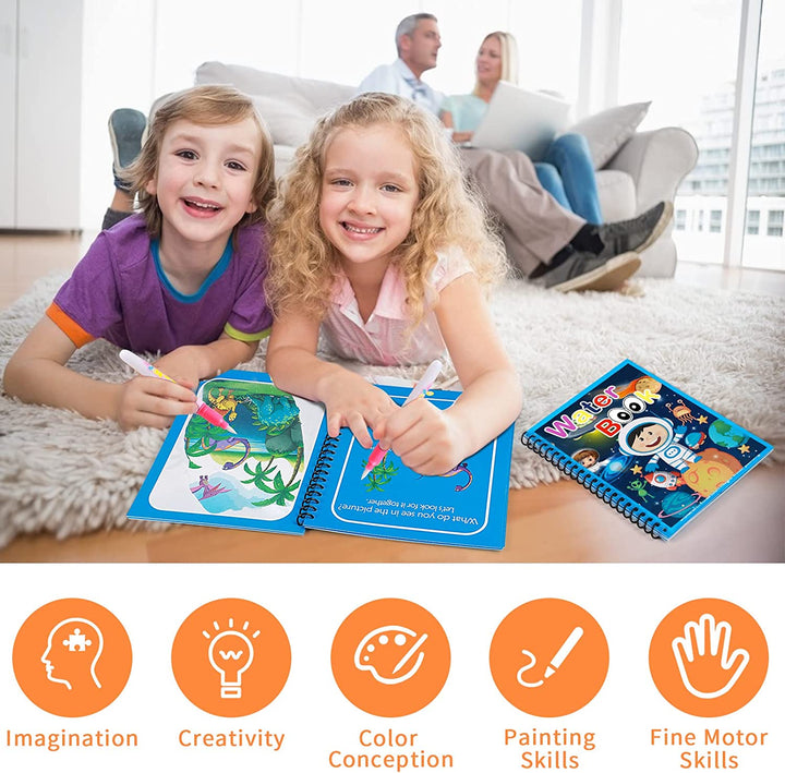 Two children using a water coloring book with icons for imagination, creativity, and fine motor skills.