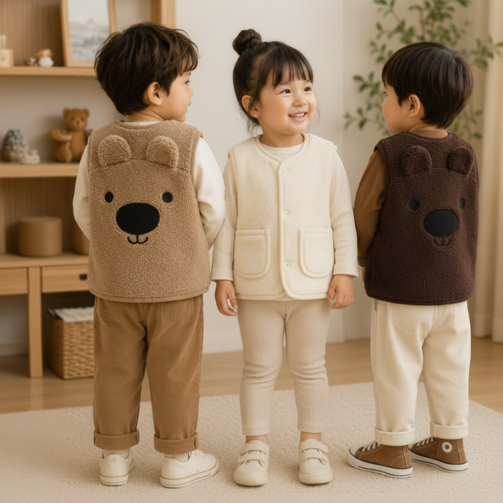 Three children wearing tan, white, and brown bear fleece vests, showing front and back views.