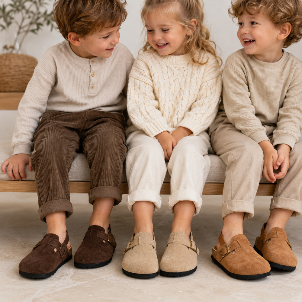 Three children wearing neutral-colored clog sandals with casual outfits