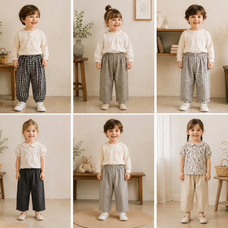 Children modeling six patterned and solid kids' pants styles with casual tops.