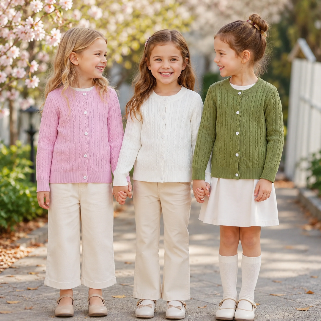 Three children wearing pink, white, and green cable-knit cardigans outdoors