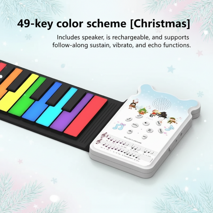 Christmas-edition roll-up piano with rainbow keys and an illustrated white control unit