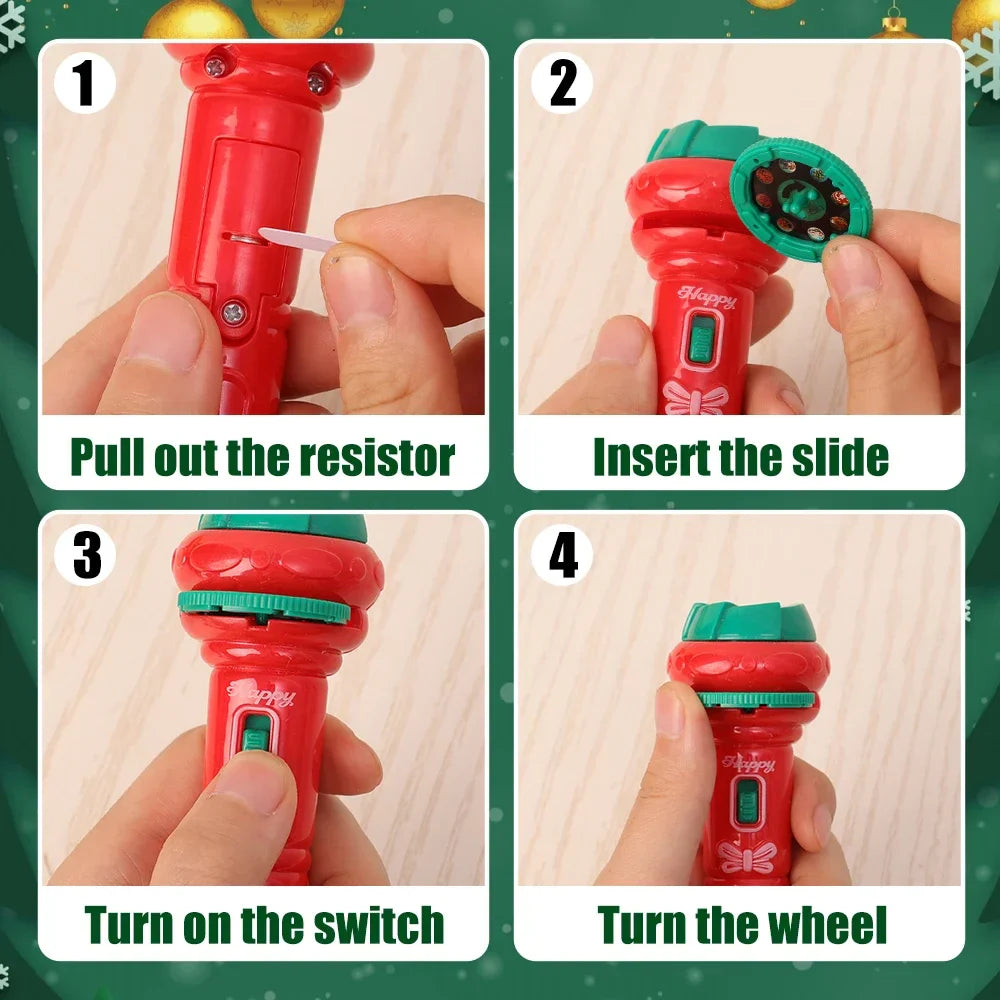 Four-step guide to preparing the flashlight, inserting a disc, switching it on and turning the picture wheel