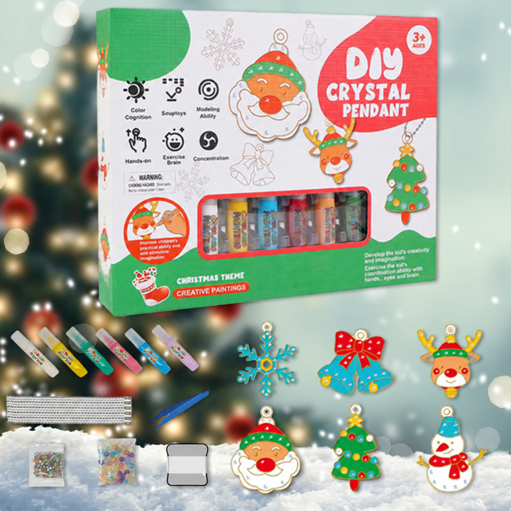 Christmas pendant kit with six decorated ornaments, markers, chains, beads and thread