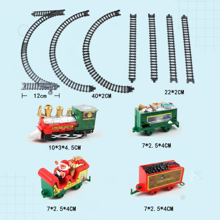 Measurement guide for the locomotive, three train cars, and straight and curved track.