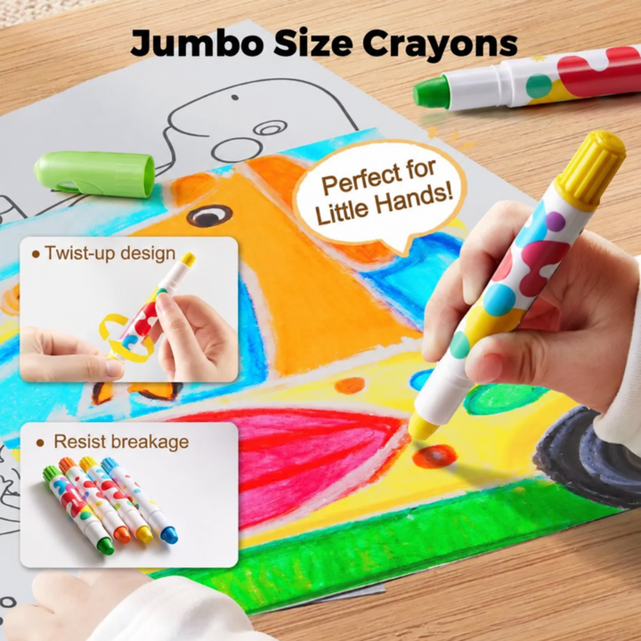 Hand coloring with a thick twist-up crayon, with inset views of the twist mechanism and barrels
