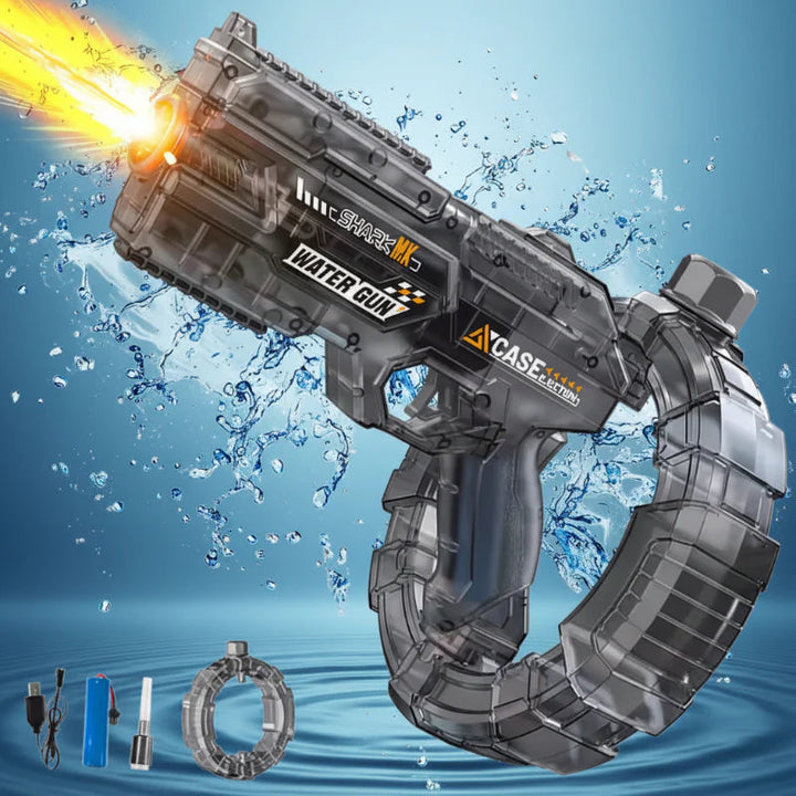 Transparent water gun with a circular reservoir and accessories shown below