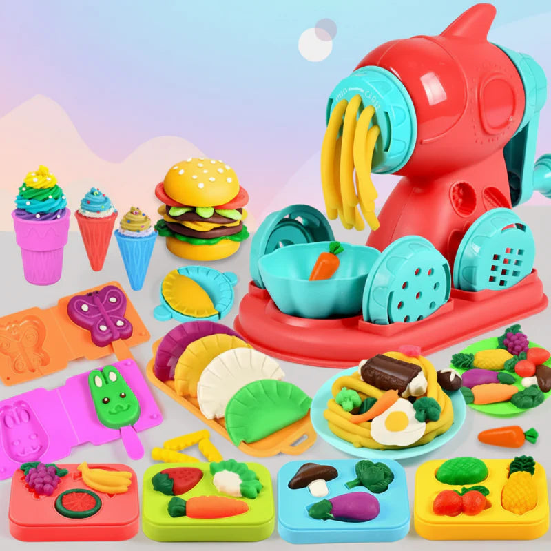 Clay noodle machine surrounded by molded burgers, ice cream, vegetables, and other pretend foods