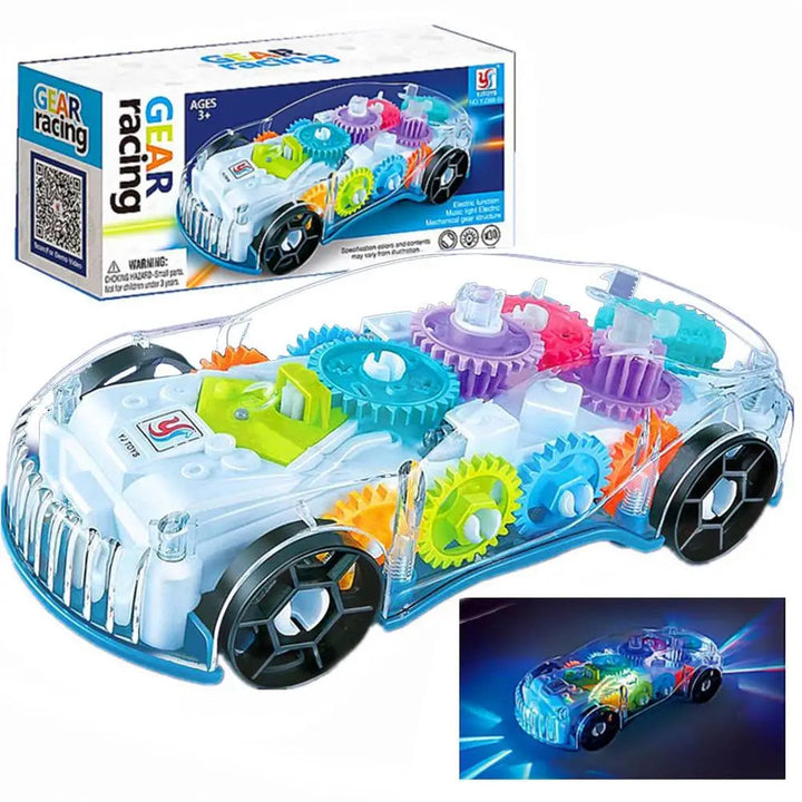 Clear-body gear toy car beside its retail box, with an inset showing the car illuminated
